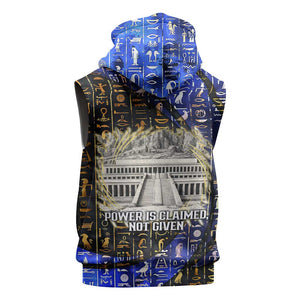 Hatshepsut Sleeveless Hoodie with Queen King Portrait, Temple Illustration and Blue-Gold Hieroglyphic - African Pride