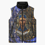 Hatshepsut Sleeveless Puffer Jacket with Queen King Portrait, Temple Illustration and Blue-Gold Hieroglyphic - African Pride