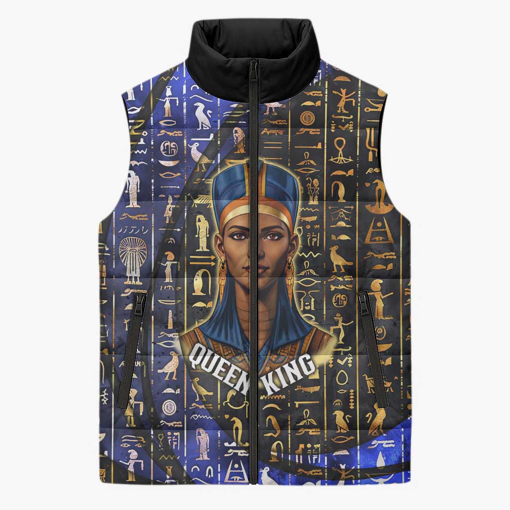 Hatshepsut Sleeveless Puffer Jacket with Queen King Portrait, Temple Illustration and Blue-Gold Hieroglyphic - African Pride