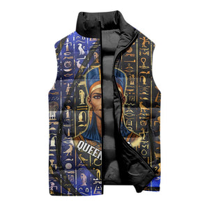 Hatshepsut Sleeveless Puffer Jacket with Queen King Portrait, Temple Illustration and Blue-Gold Hieroglyphic - African Pride