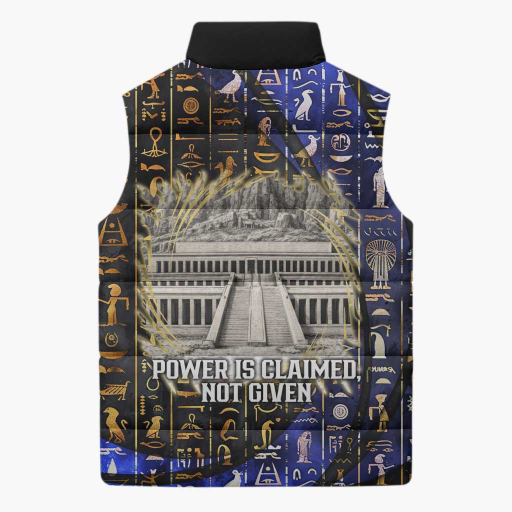Hatshepsut Sleeveless Puffer Jacket with Queen King Portrait, Temple Illustration and Blue-Gold Hieroglyphic - African Pride