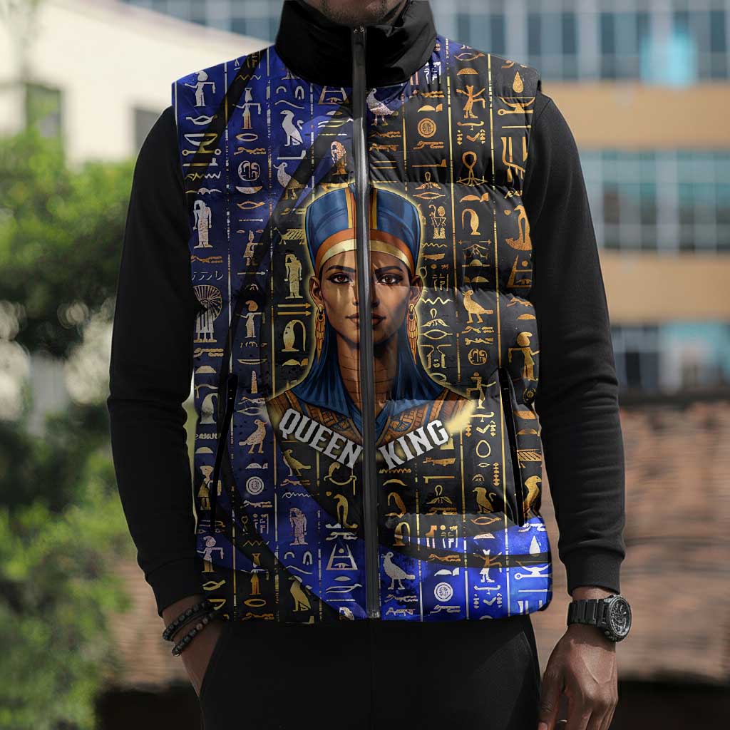 Hatshepsut Sleeveless Puffer Jacket with Queen King Portrait, Temple Illustration and Blue-Gold Hieroglyphic - African Pride