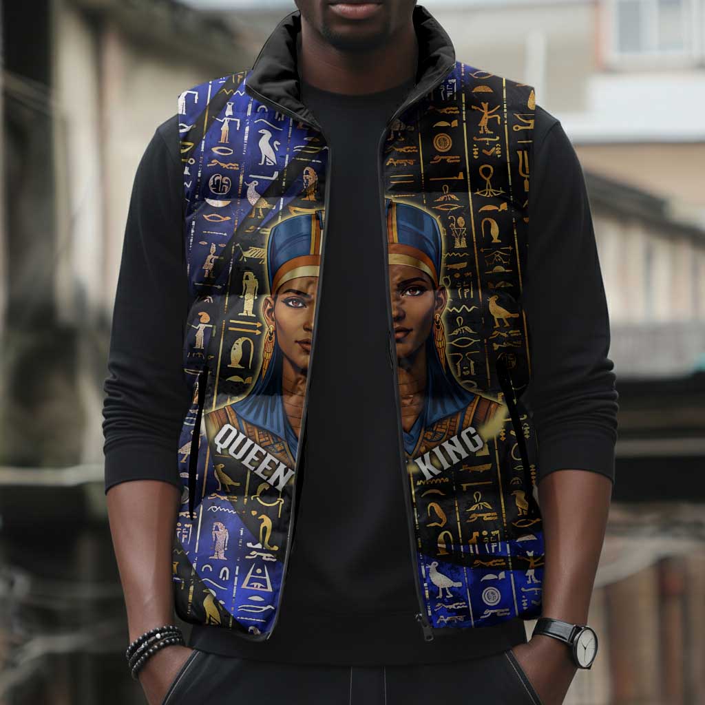 Hatshepsut Sleeveless Puffer Jacket with Queen King Portrait, Temple Illustration and Blue-Gold Hieroglyphic - African Pride
