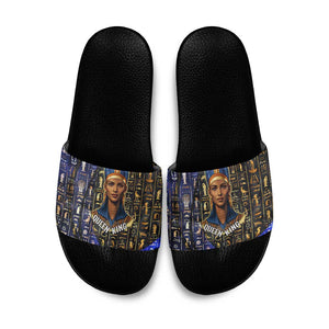 Hatshepsut Slide Sandals with Queen King Portrait, Temple Illustration and Blue-Gold Hieroglyphic - African Pride