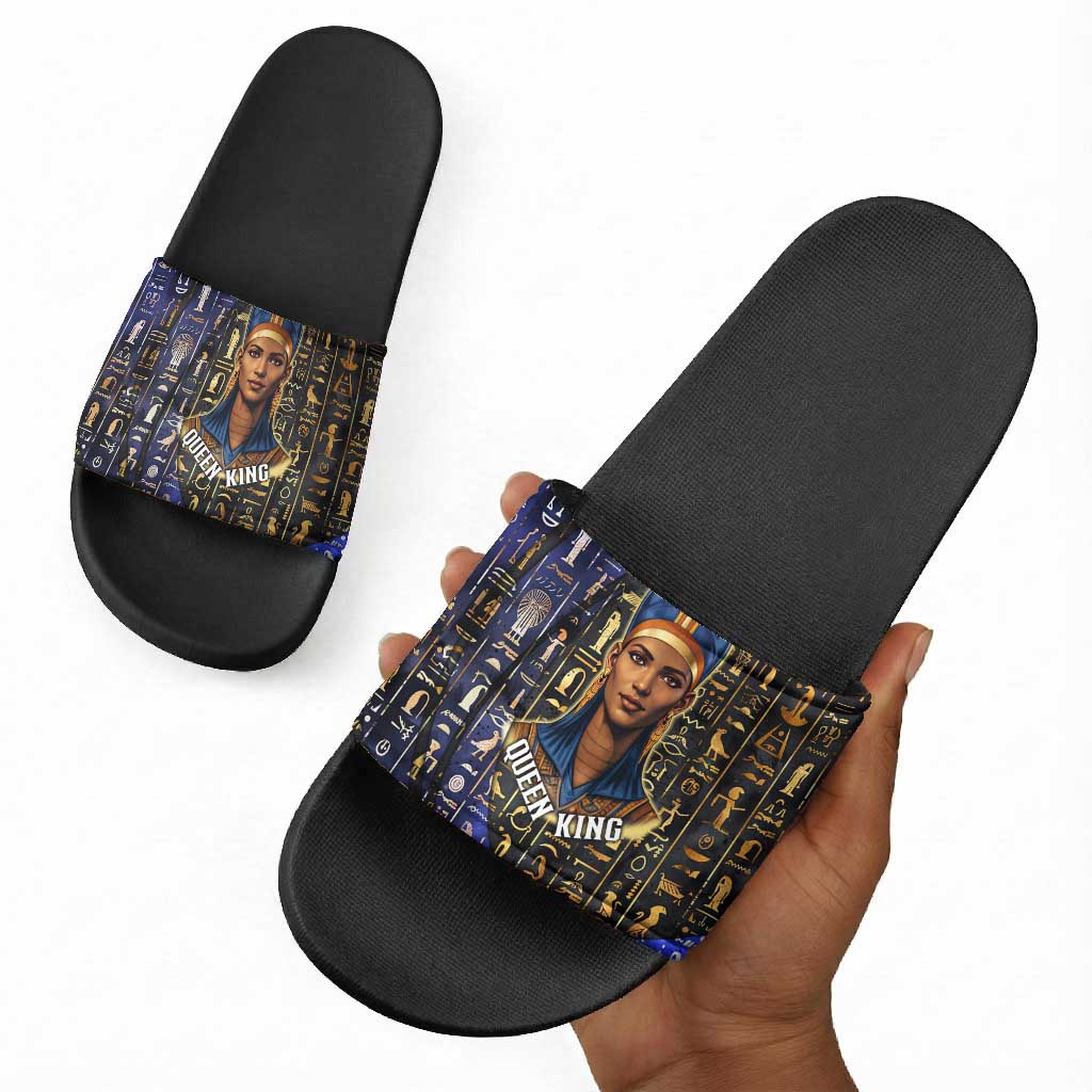 Hatshepsut Slide Sandals with Queen King Portrait, Temple Illustration and Blue-Gold Hieroglyphic - African Pride