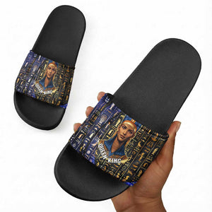 Hatshepsut Slide Sandals with Queen King Portrait, Temple Illustration and Blue-Gold Hieroglyphic - African Pride
