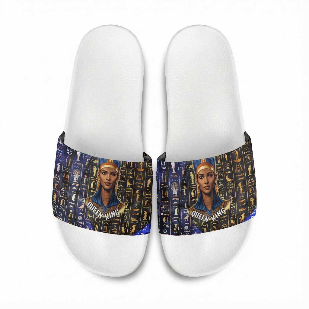 Hatshepsut Slide Sandals with Queen King Portrait, Temple Illustration and Blue-Gold Hieroglyphic - African Pride