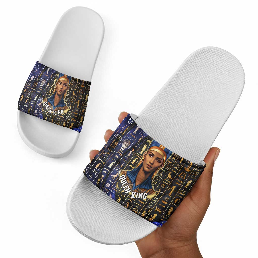 Hatshepsut Slide Sandals with Queen King Portrait, Temple Illustration and Blue-Gold Hieroglyphic - African Pride