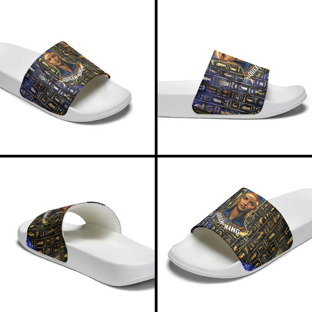 Hatshepsut Slide Sandals with Queen King Portrait, Temple Illustration and Blue-Gold Hieroglyphic - African Pride