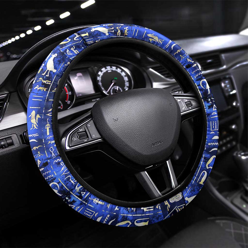 Hatshepsut Steering Wheel Cover with Queen King Portrait, Temple Illustration and Blue-Gold Hieroglyphic - African Pride