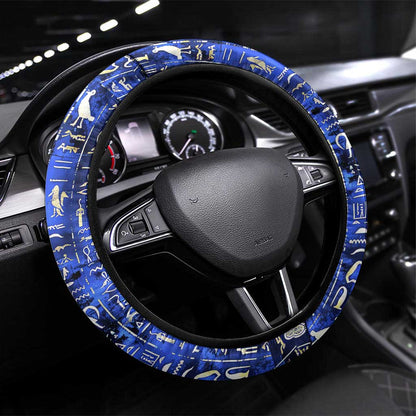 Hatshepsut Steering Wheel Cover with Queen King Portrait, Temple Illustration and Blue-Gold Hieroglyphic - African Pride