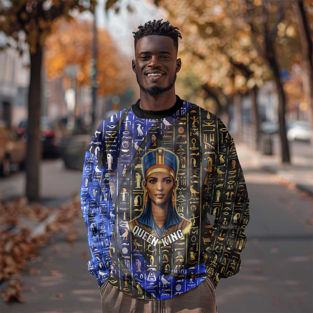 Hatshepsut Sweatshirt with Queen King Portrait, Temple Illustration and Blue-Gold Hieroglyphic - African Pride