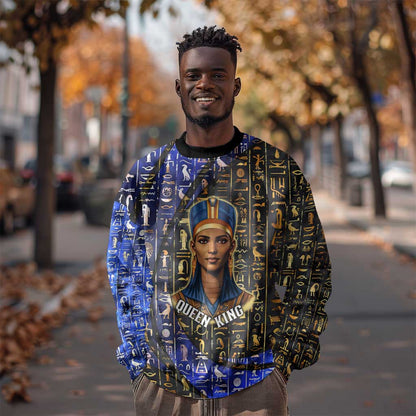 Hatshepsut Sweatshirt with Queen King Portrait, Temple Illustration and Blue-Gold Hieroglyphic - African Pride