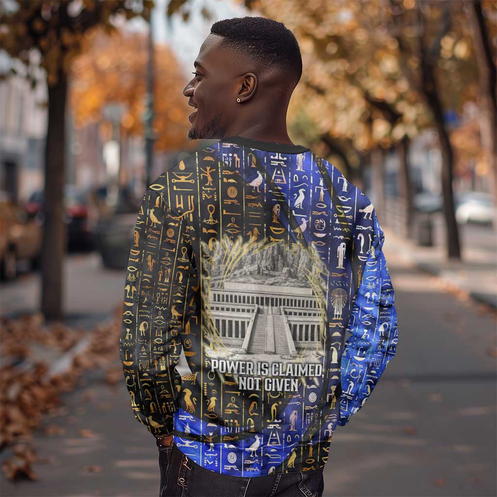 Hatshepsut Sweatshirt with Queen King Portrait, Temple Illustration and Blue-Gold Hieroglyphic - African Pride