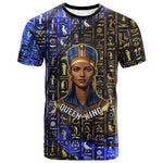 Hatshepsut T shirt with Queen King Portrait, Temple Illustration and Blue-Gold Hieroglyphic - African Pride