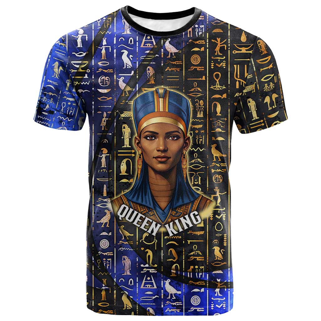Hatshepsut T shirt with Queen King Portrait, Temple Illustration and Blue-Gold Hieroglyphic - African Pride