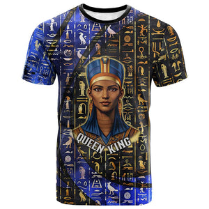 Hatshepsut T shirt with Queen King Portrait, Temple Illustration and Blue-Gold Hieroglyphic - African Pride