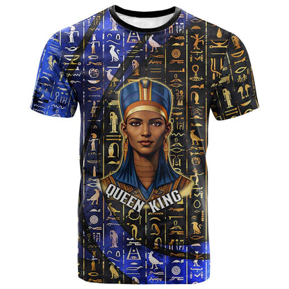 Hatshepsut T shirt with Queen King Portrait, Temple Illustration and Blue-Gold Hieroglyphic - African Pride