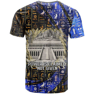 Hatshepsut T shirt with Queen King Portrait, Temple Illustration and Blue-Gold Hieroglyphic - African Pride