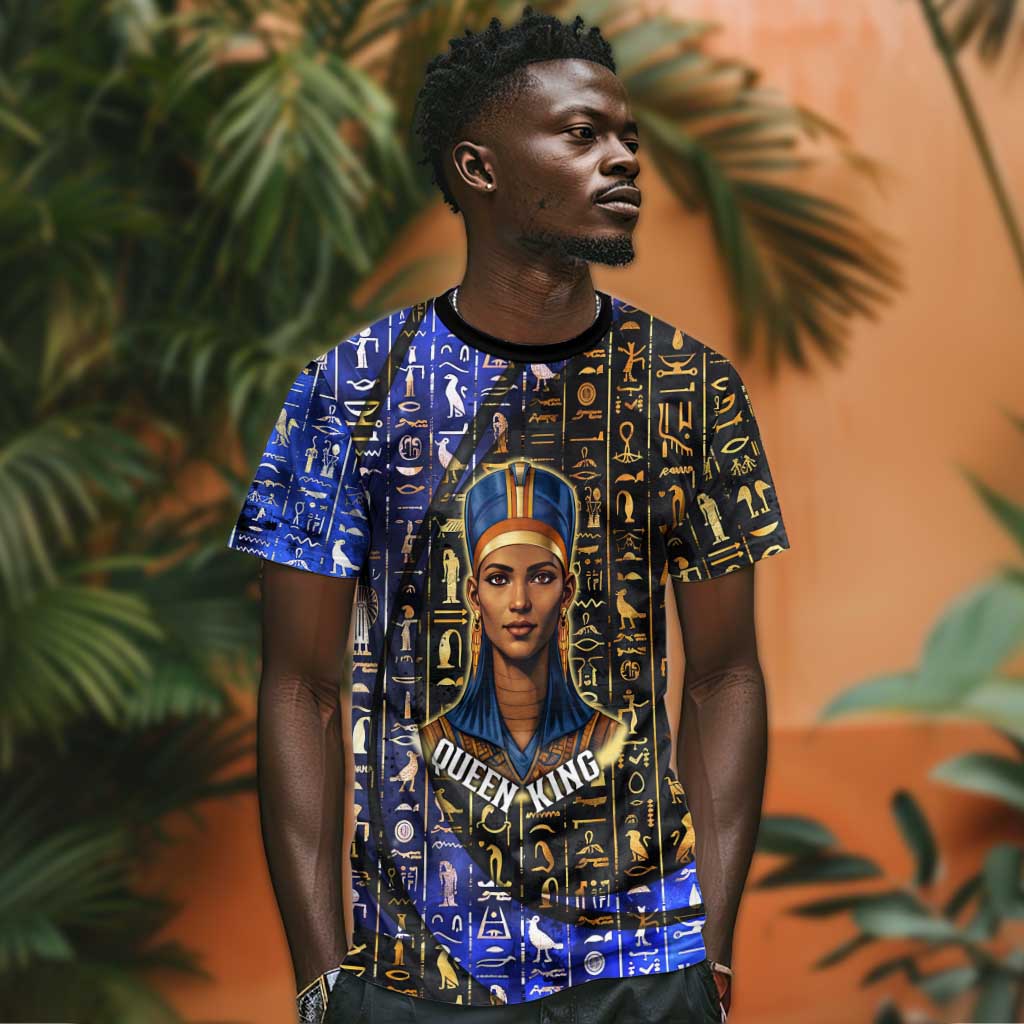 Hatshepsut T shirt with Queen King Portrait, Temple Illustration and Blue-Gold Hieroglyphic - African Pride