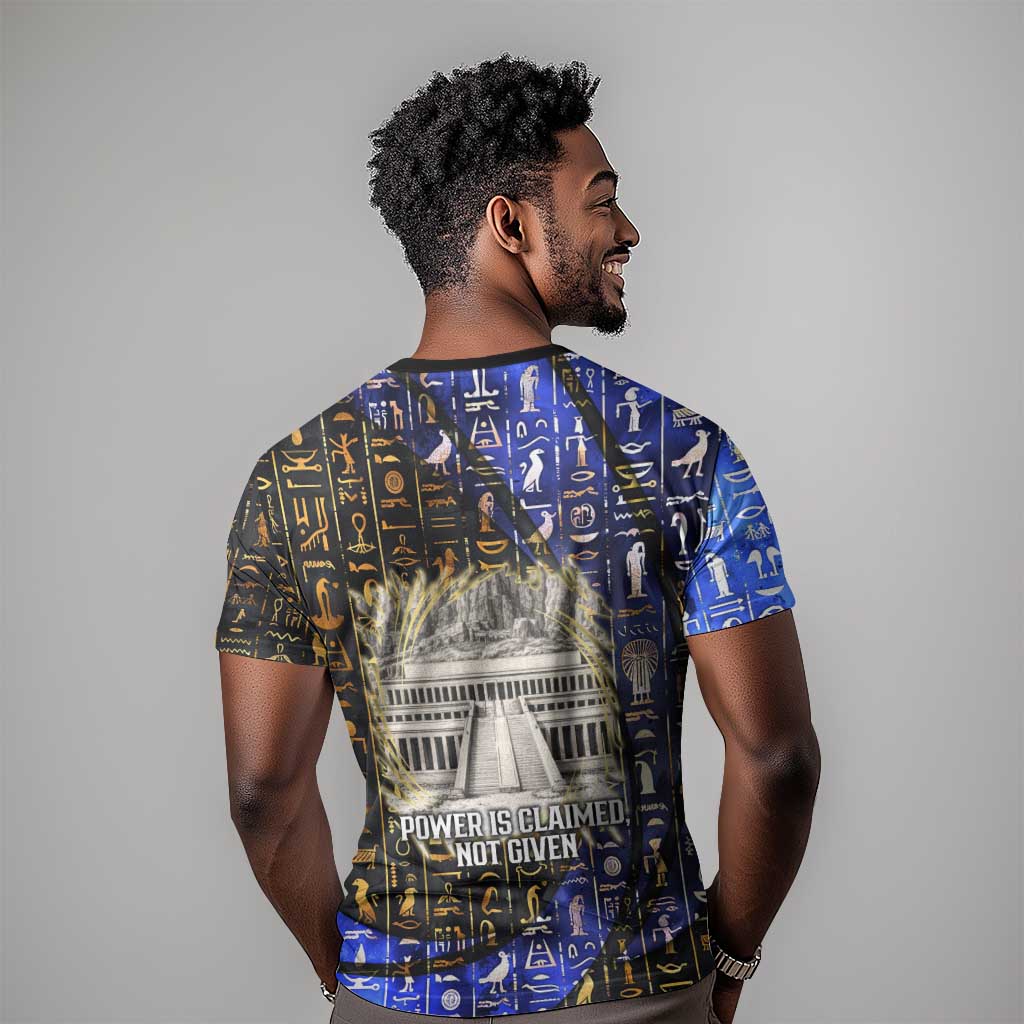 Hatshepsut T shirt with Queen King Portrait, Temple Illustration and Blue-Gold Hieroglyphic - African Pride