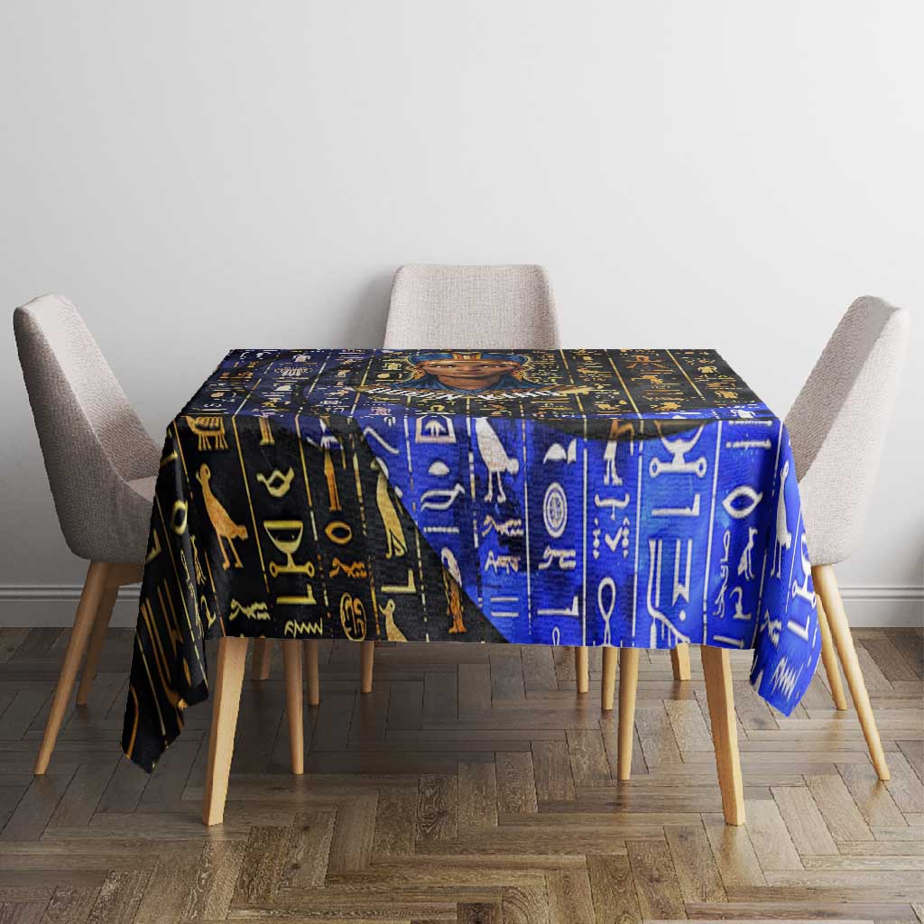 Hatshepsut Tablecloth with Queen King Portrait, Temple Illustration and Blue-Gold Hieroglyphic - African Pride