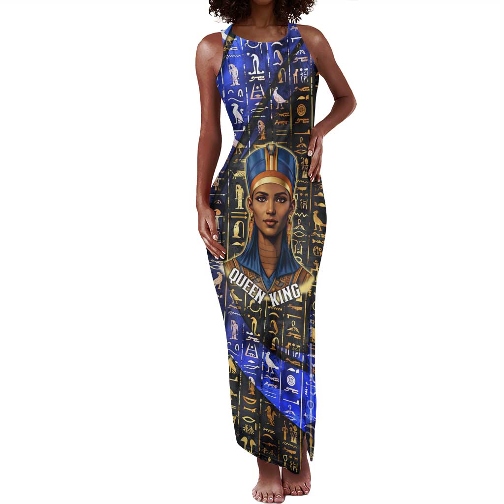 Hatshepsut Tank Maxi Dress with Queen King Portrait, Temple Illustration and Blue-Gold Hieroglyphic - African Pride