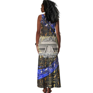 Hatshepsut Tank Maxi Dress with Queen King Portrait, Temple Illustration and Blue-Gold Hieroglyphic - African Pride