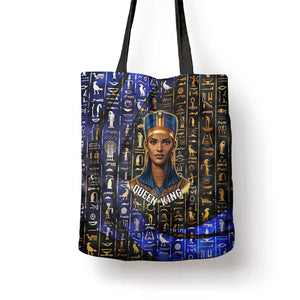 Hatshepsut Tote Bag with Queen King Portrait, Temple Illustration and Blue-Gold Hieroglyphic - African Pride