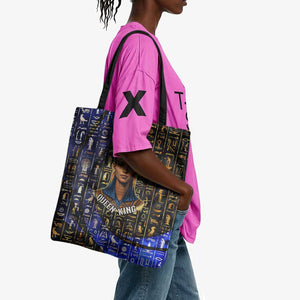 Hatshepsut Tote Bag with Queen King Portrait, Temple Illustration and Blue-Gold Hieroglyphic - African Pride