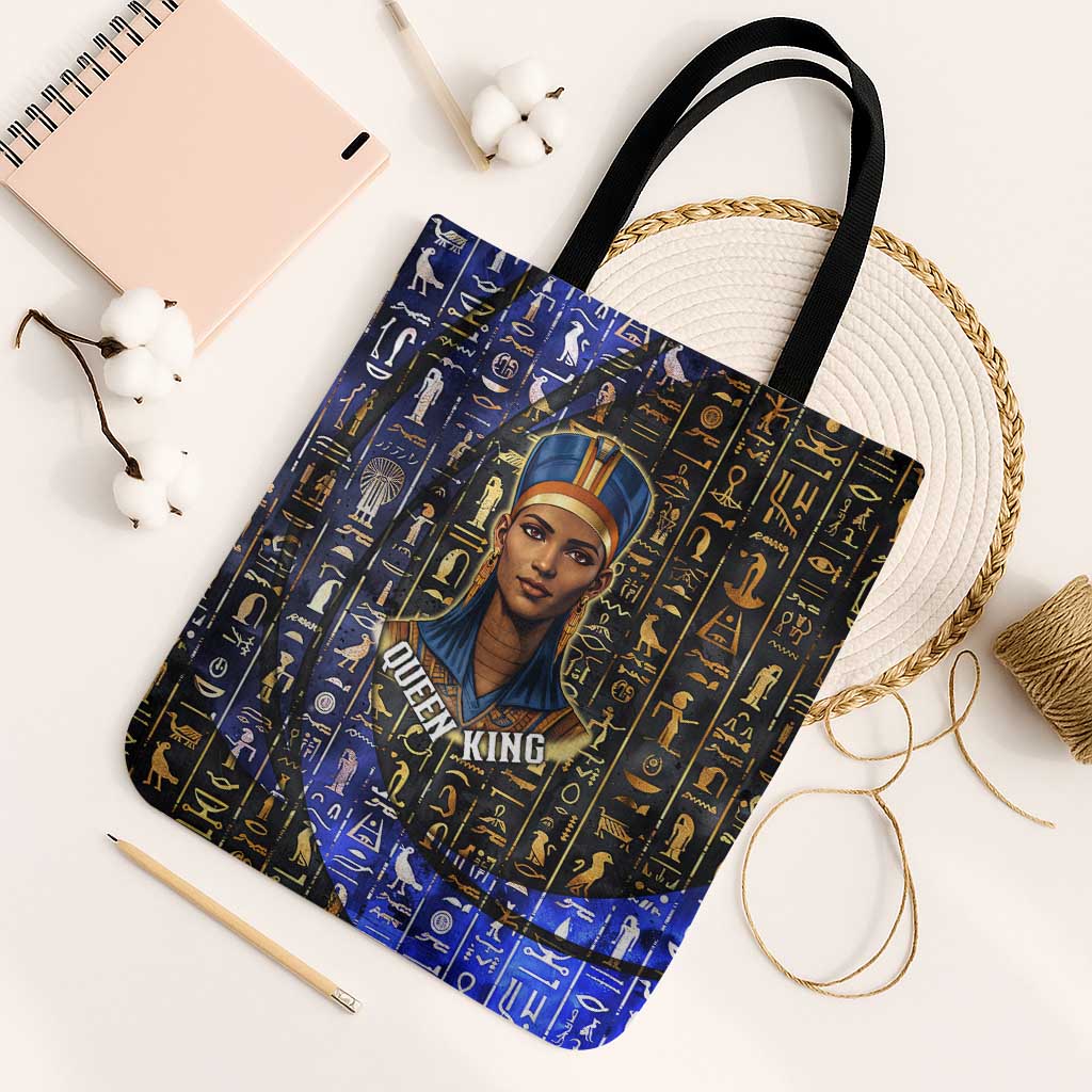 Hatshepsut Tote Bag with Queen King Portrait, Temple Illustration and Blue-Gold Hieroglyphic - African Pride