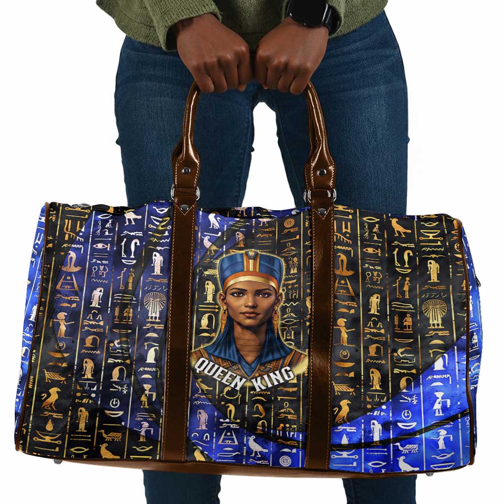 Hatshepsut Travel Bag with Queen King Portrait, Temple Illustration and Blue-Gold Hieroglyphic - African Pride