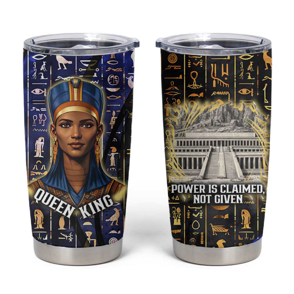 Hatshepsut Tumbler Cup with Queen King Portrait, Temple Illustration and Blue-Gold Hieroglyphic - African Pride