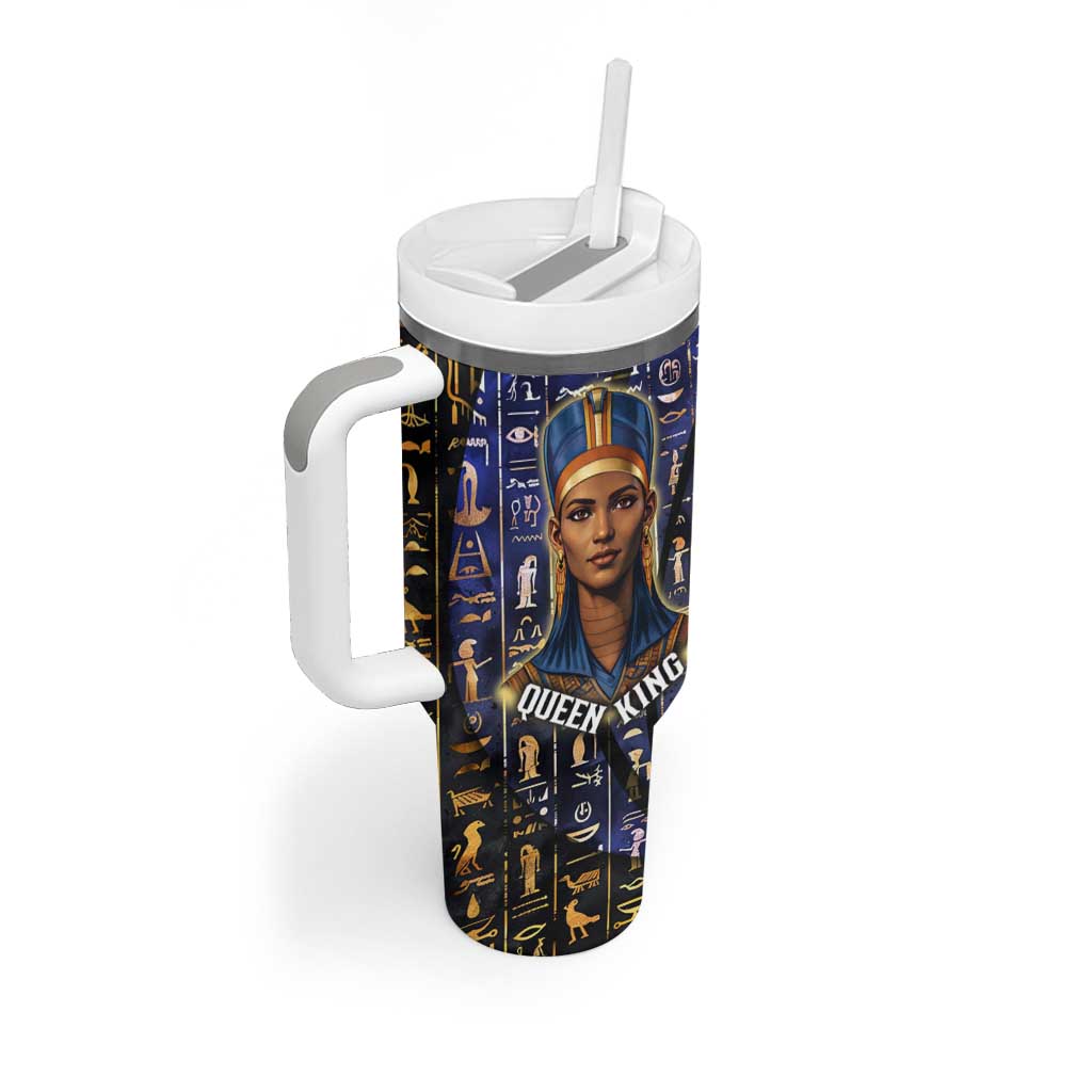 Hatshepsut Tumbler With Handle with Queen King Portrait, Temple Illustration and Blue-Gold Hieroglyphic - African Pride