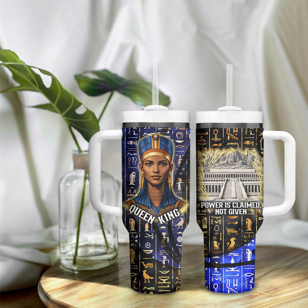 Hatshepsut Tumbler With Handle with Queen King Portrait, Temple Illustration and Blue-Gold Hieroglyphic - African Pride