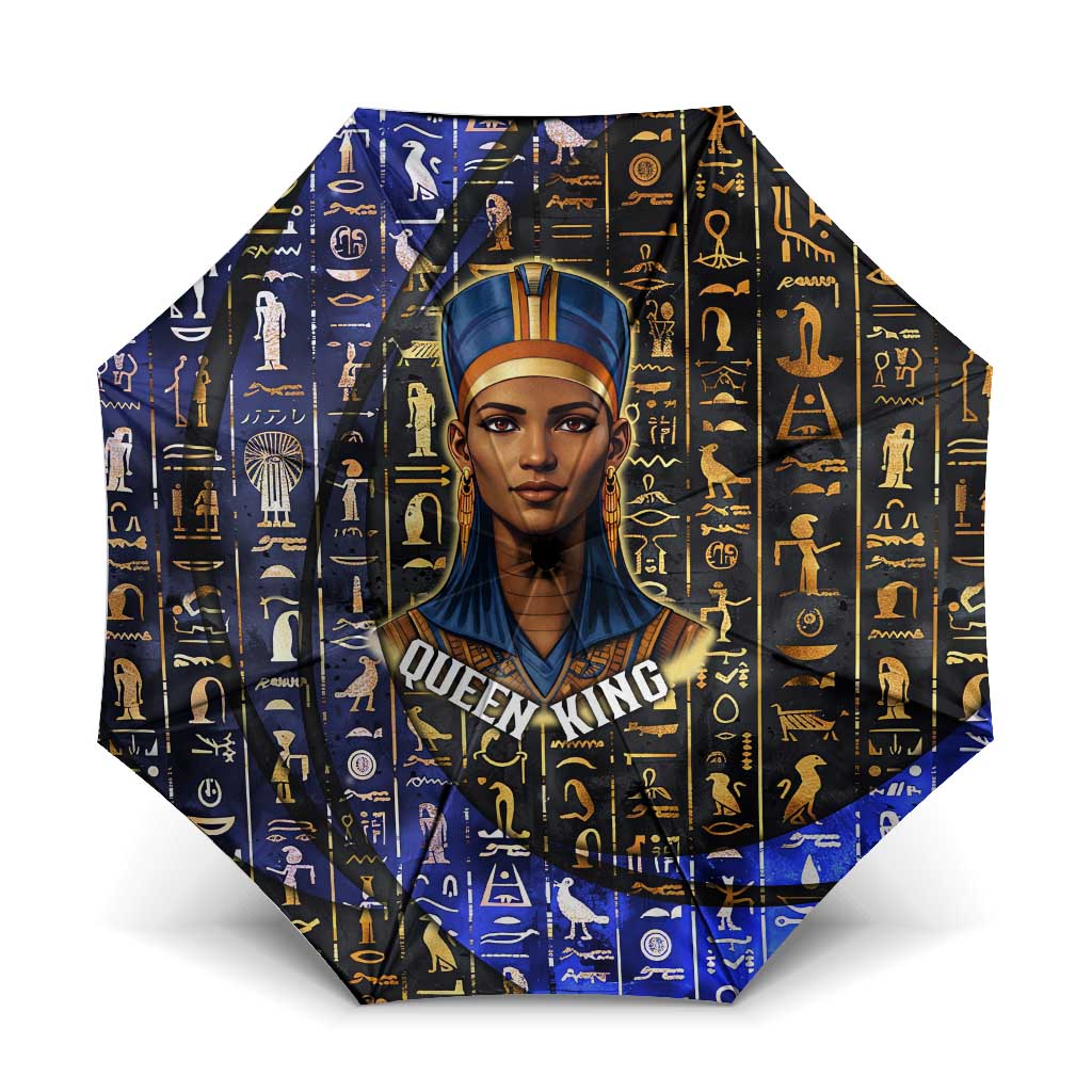 Hatshepsut Umbrella with Queen King Portrait, Temple Illustration and Blue-Gold Hieroglyphic - African Pride