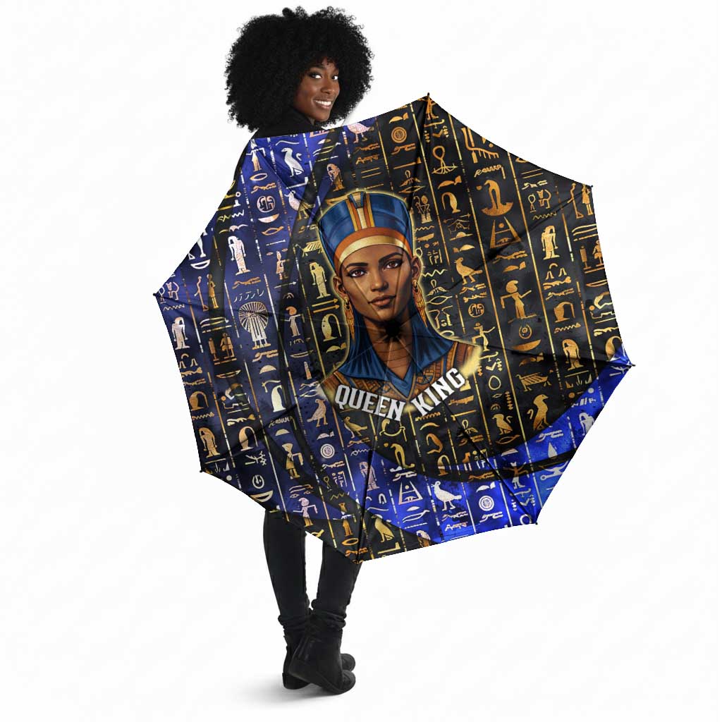 Hatshepsut Umbrella with Queen King Portrait, Temple Illustration and Blue-Gold Hieroglyphic - African Pride