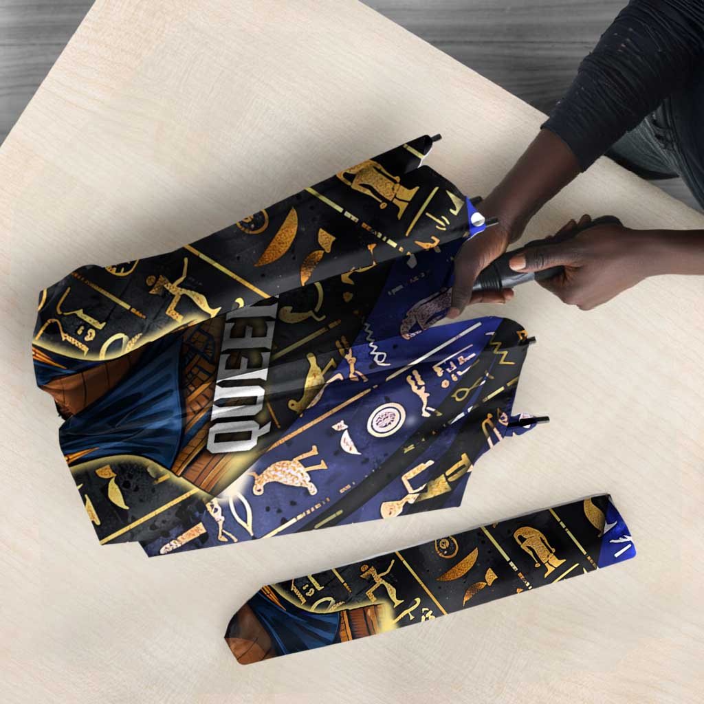 Hatshepsut Umbrella with Queen King Portrait, Temple Illustration and Blue-Gold Hieroglyphic - African Pride