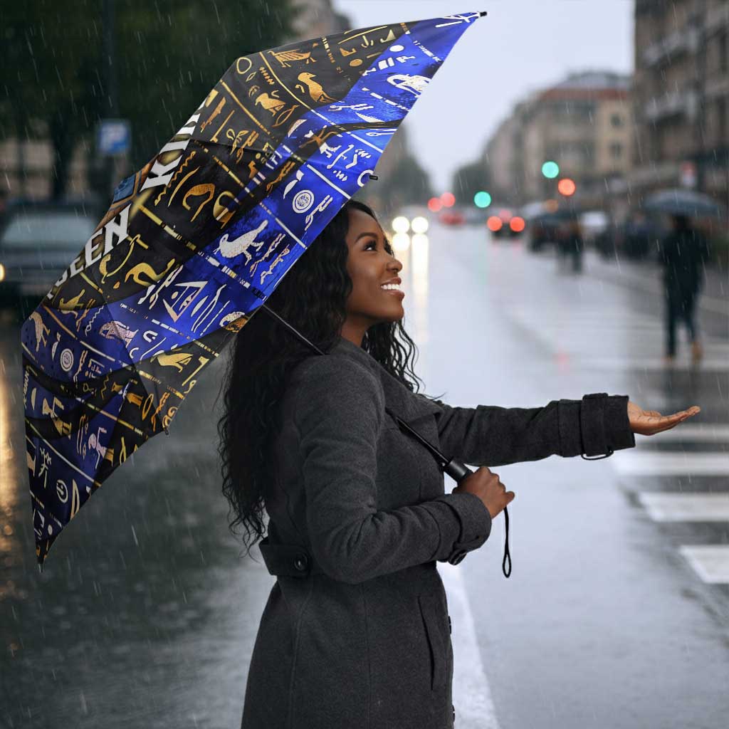 Hatshepsut Umbrella with Queen King Portrait, Temple Illustration and Blue-Gold Hieroglyphic - African Pride