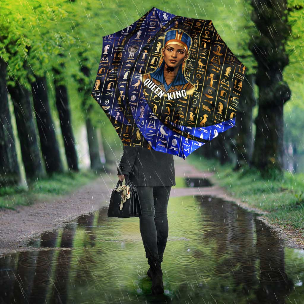 Hatshepsut Umbrella with Queen King Portrait, Temple Illustration and Blue-Gold Hieroglyphic - African Pride