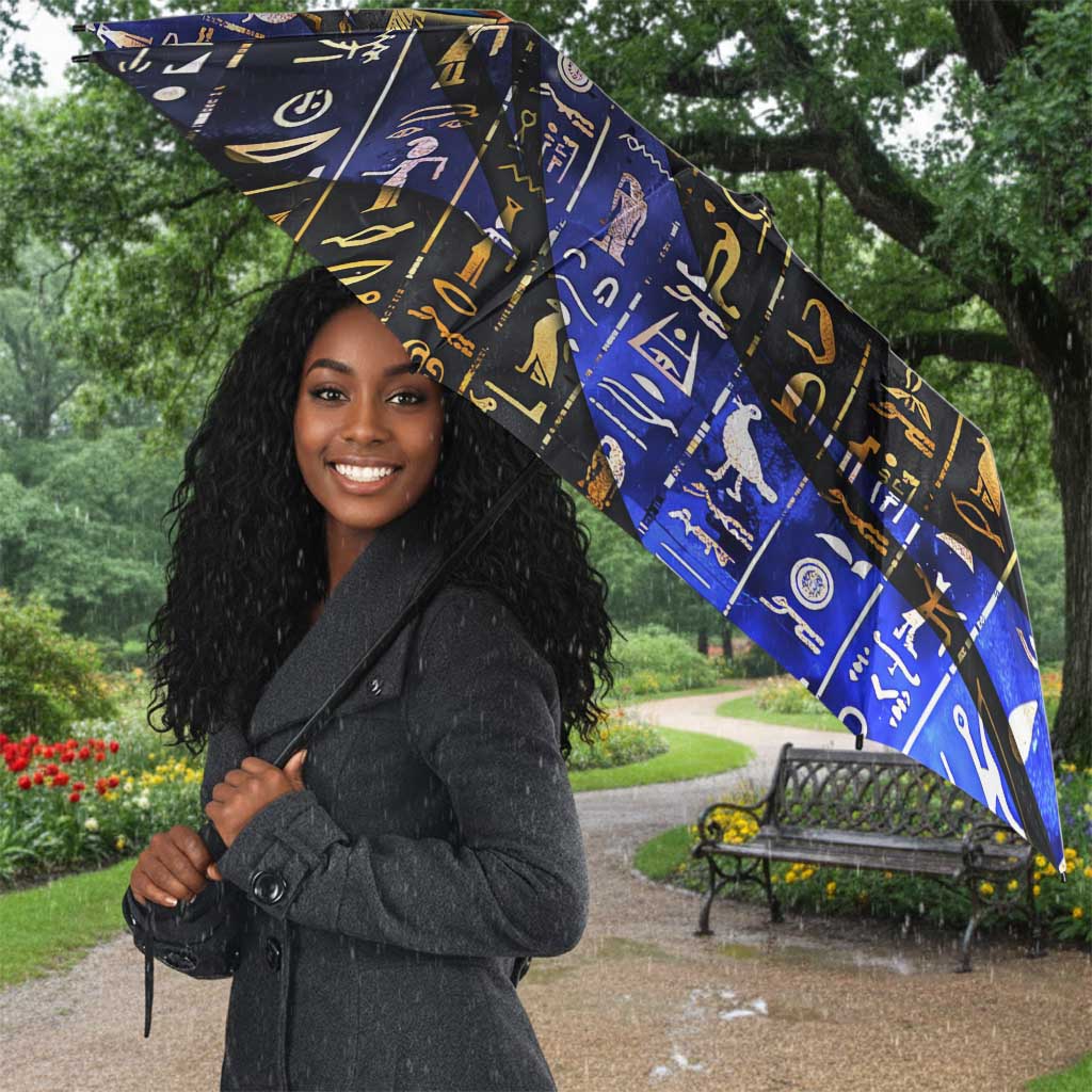 Hatshepsut Umbrella with Queen King Portrait, Temple Illustration and Blue-Gold Hieroglyphic - African Pride