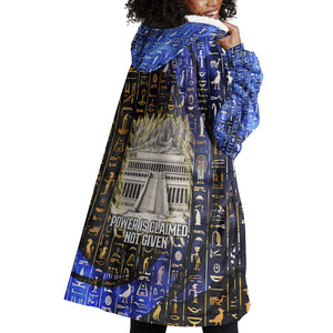 Hatshepsut Wearable Blanket Hoodie with Queen King Portrait, Temple Illustration and Blue-Gold Hieroglyphic - African Pride