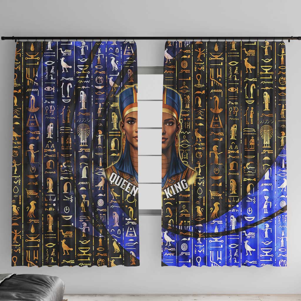Hatshepsut Window Curtain with Queen King Portrait, Temple Illustration and Blue-Gold Hieroglyphic - African Pride