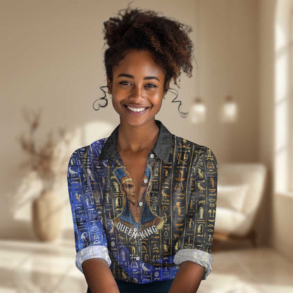 Hatshepsut Women Casual Shirt with Queen King Portrait, Temple Illustration and Blue-Gold Hieroglyphic - African Pride