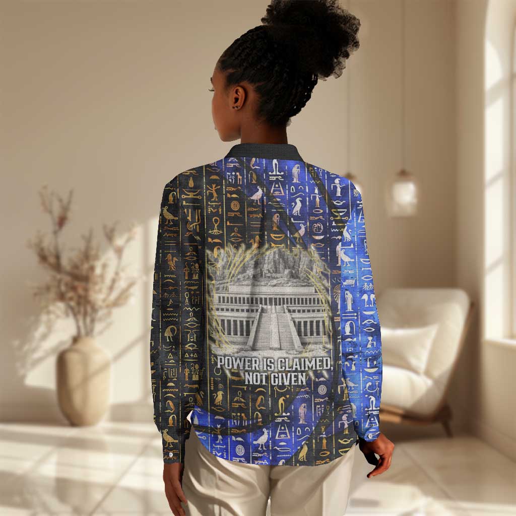 Hatshepsut Women Casual Shirt with Queen King Portrait, Temple Illustration and Blue-Gold Hieroglyphic - African Pride