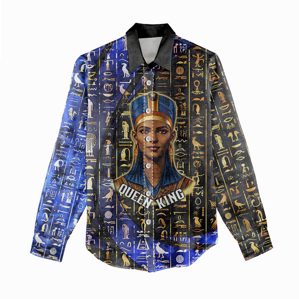 Hatshepsut Women Casual Shirt with Queen King Portrait, Temple Illustration and Blue-Gold Hieroglyphic - African Pride