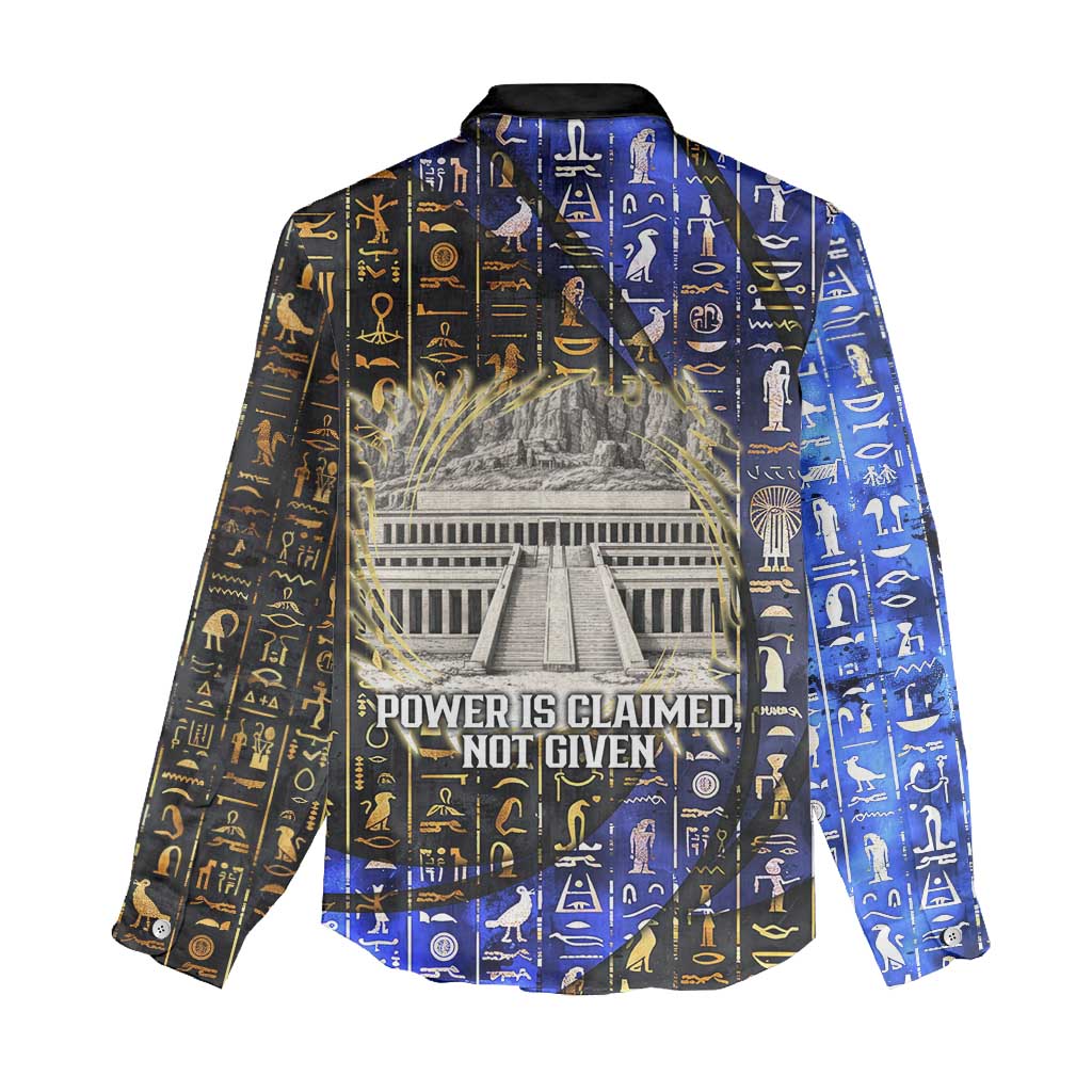 Hatshepsut Women Casual Shirt with Queen King Portrait, Temple Illustration and Blue-Gold Hieroglyphic - African Pride