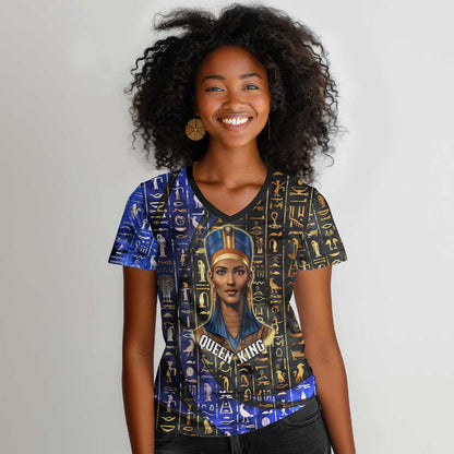 Hatshepsut Women V-Neck T-Shirt with Queen King Portrait, Temple Illustration and Blue-Gold Hieroglyphic - African Pride