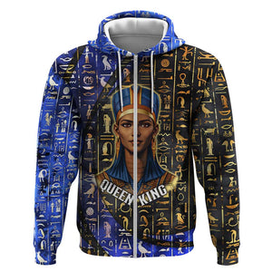 Hatshepsut Zip Hoodie with Queen King Portrait, Temple Illustration and Blue-Gold Hieroglyphic - African Pride