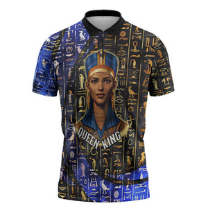 Hatshepsut Zipper Polo Shirt with Queen King Portrait, Temple Illustration and Blue-Gold Hieroglyphic - African Pride